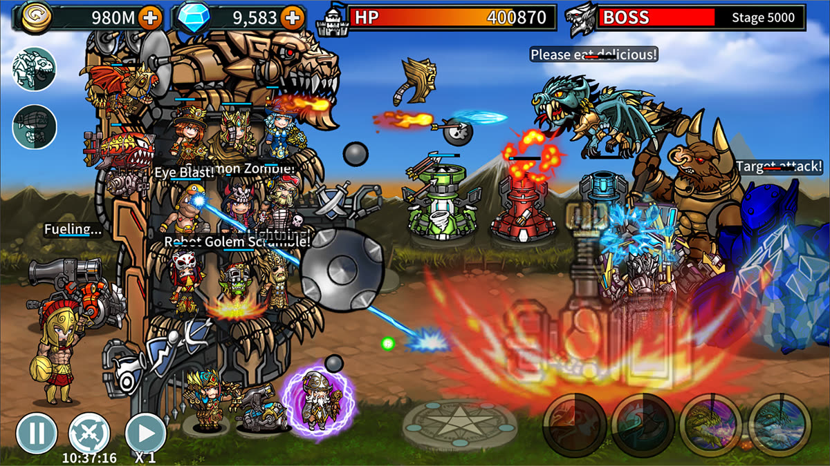 Tower Hero combat — heroes on the castle holding back enemy waves